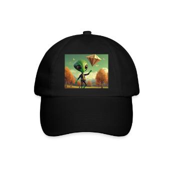 niedlich klein grün retro vintage alien fliegen einen drachen fliegen - Baseballkappe - Schwarz/Schwarz - Vorne