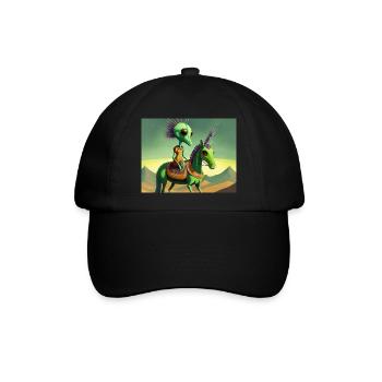 niedliches kleines grünes Retro-Alien reitet auf einem Pferd - Baseballkappe - Schwarz/Schwarz - Vorne