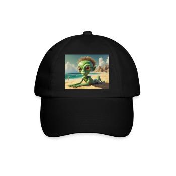 niedliche kleine grüne retro vintage alien sonnenbaden - Baseballkappe - Schwarz/Schwarz - Vorne