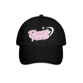 Flower Power - Retro-Schrift in rosa mit Stern - Baseballkappe - Schwarz/Schwarz - Vorne