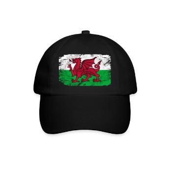 Wales Flag - Vintage Look - Baseballkappe - Schwarz/Schwarz - Vorne