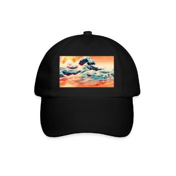 Wellen bei Sonnenuntergang in Ukiyoe - Baseballkappe - Schwarz/Schwarz - Vorne