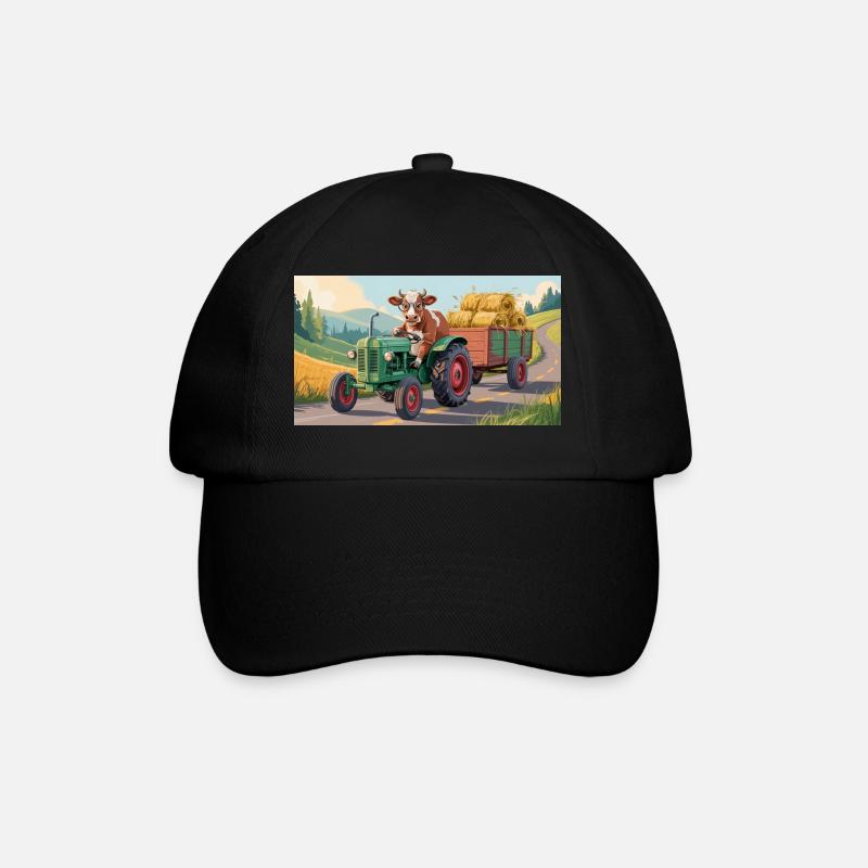 Kuh auf grünem Traktor mit Heuwagen - Baseballkappe - Schwarz/Schwarz