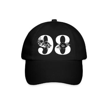 Nummer 98 Schwarze Blumen - 98. Blumengeburtstag - Baseballkappe - Schwarz/Schwarz - Vorne