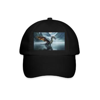 Ein realistischer böser dunkler Drache in einem nebligen Fluss - Baseballkappe - Schwarz/Schwarz - Vorne