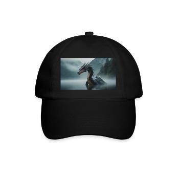 Ein realistischer böser dunkler Drache in einem nebligen Fluss - Baseballkappe - Schwarz/Schwarz - Vorne