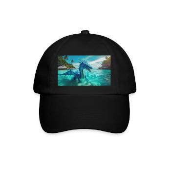 Ein realistischer blauer Wasserdrache im Türkis - Baseballkappe - Schwarz/Schwarz - Vorne