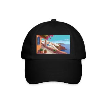 Oia, Santorini, Greece - Pixel Art - Baseball Cap - black/black - Front