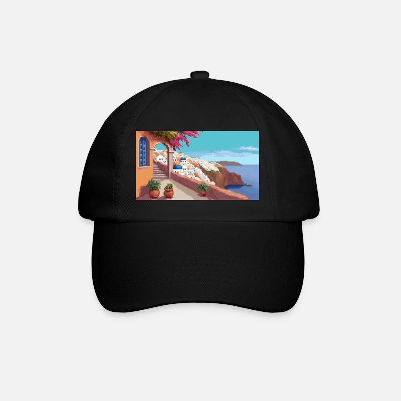 Oia, Santorini, Griechenland - Pixel Art - Baseballkappe - Schwarz/Schwarz