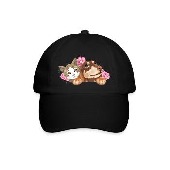 Süße Katze und träumender Dackel mit rosa Blumen - Baseballkappe - Schwarz/Schwarz - Vorne