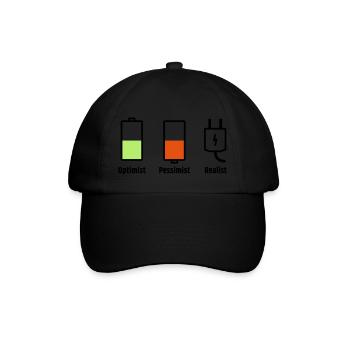 Akku-Philosophie: Optimist Pessimist Realist - Baseballkappe - Schwarz/Schwarz - Vorne
