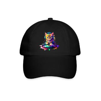 Kätzchen DJ - Regenbogen 2 - Baseballkappe - Schwarz/Schwarz - Vorne