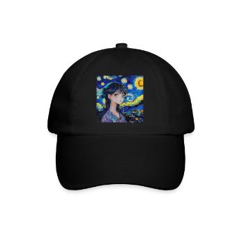 anime, anime mädchen, otaku, waifu, van gogh - Baseballkappe - Schwarz/Schwarz - Vorne