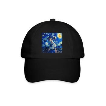 anime, anime mädchen, otaku, waifu, van gogh - Baseballkappe - Schwarz/Schwarz - Vorne