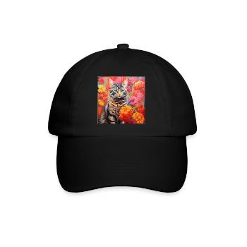 Katze, katzenmotiv, blumen, geschenk, geschenkidee - Baseballkappe - Schwarz/Schwarz - Vorne