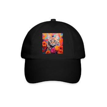 Katze, katzenmotiv, blumen, geschenk, geschenkidee - Baseballkappe - Schwarz/Schwarz - Vorne