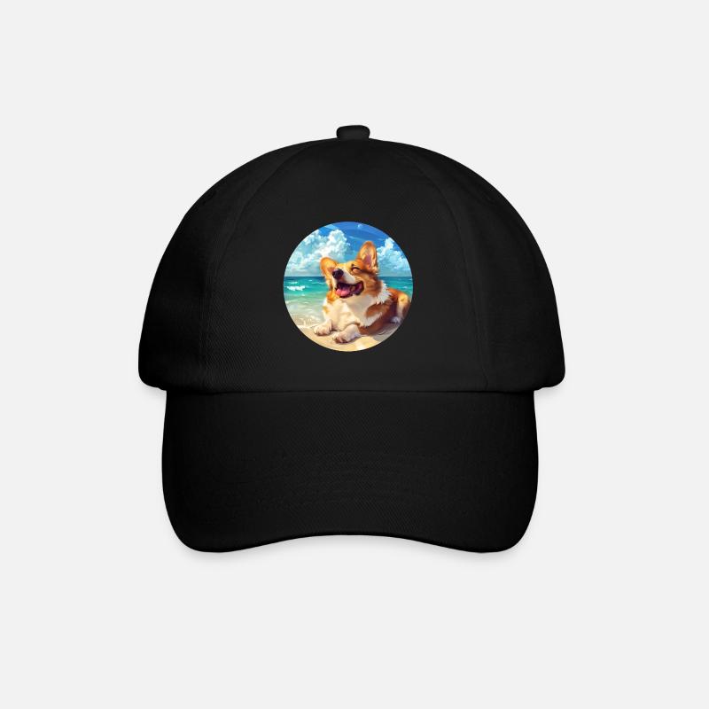 Corgi Strandseite Freude Illustration - Baseballkappe - Schwarz/Schwarz