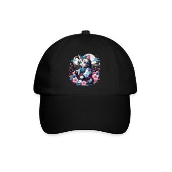 Japanische Kawaii Ninja Katze - Baseballkappe - Schwarz/Schwarz - Vorne