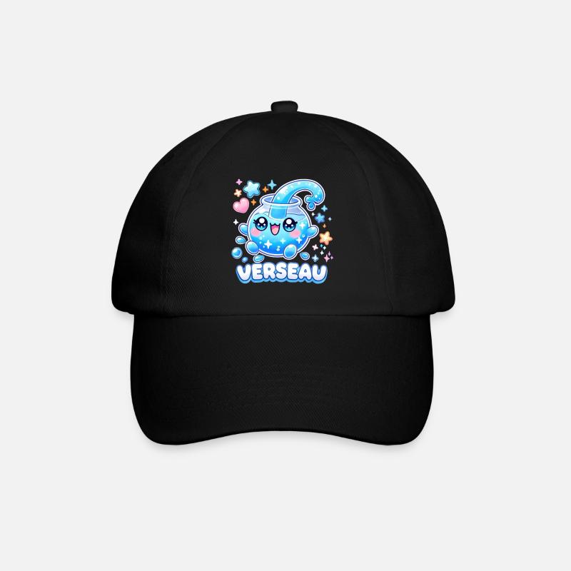 Kawaii Aquarius T-Shirt – Süßes Sternzeichen - Baseballkappe - Schwarz/Schwarz