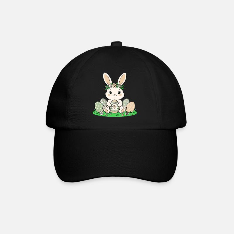 Osterhäschen mit Blütenkranz - Baseballkappe - Schwarz/Schwarz