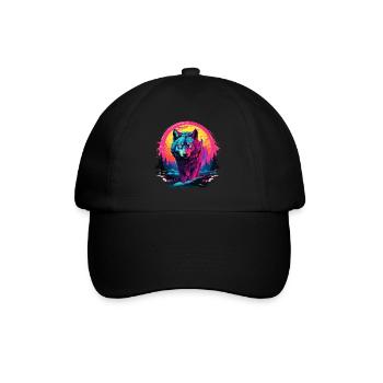 Wolf Nacht Mond Neon Wolfskopf Wald Natur Berge - Baseballkappe - Schwarz/Schwarz - Vorne