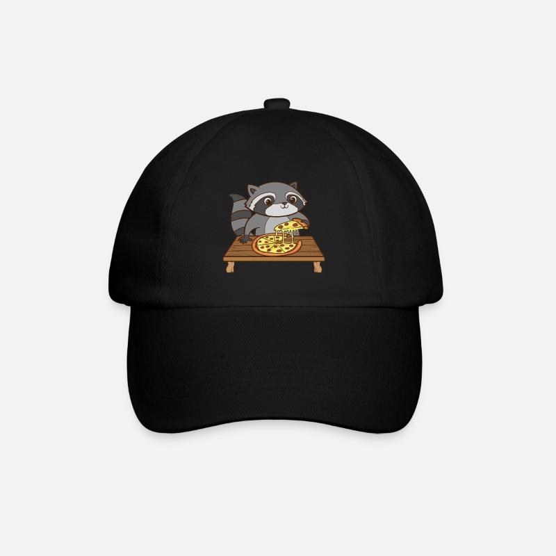 A cute raccoon eats a pizza. - Baseball Cap - black/black