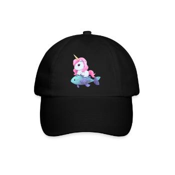 Einhorn reitet auf Fisch - Baseballkappe - Schwarz/Schwarz - Vorne