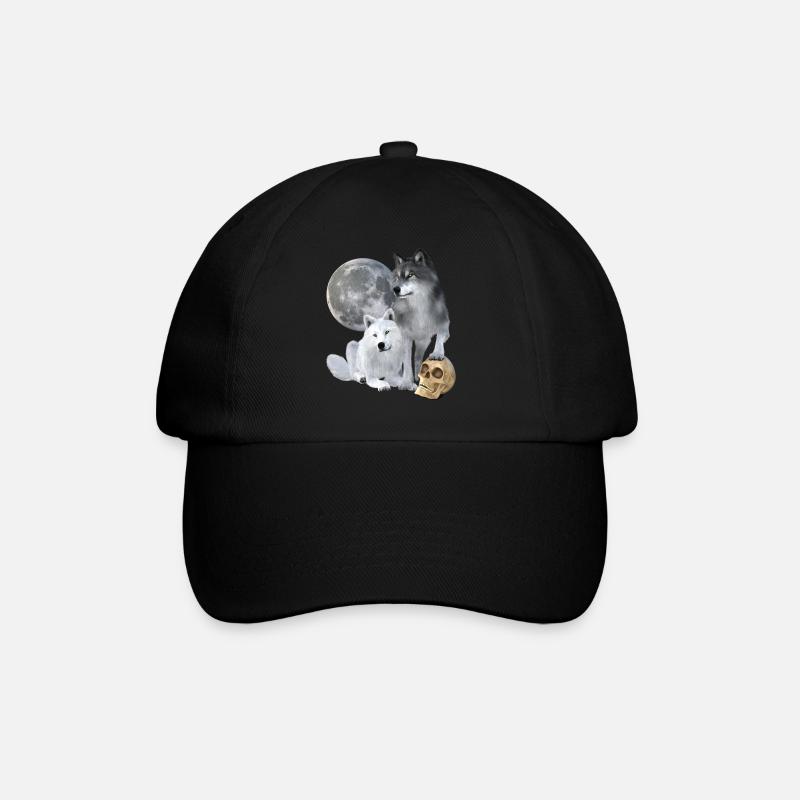 Wölfe, weiß, grau, Mond, Schädel - Baseballkappe - Schwarz/Schwarz