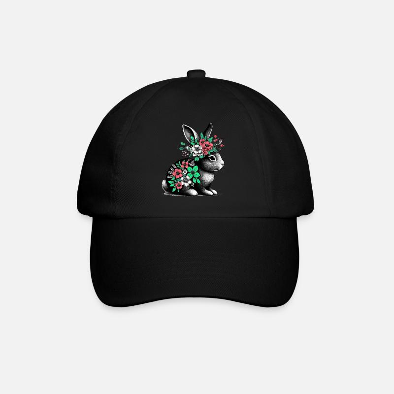 Hase mit Blumen - Baseballkappe - Schwarz/Schwarz