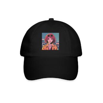 80s anime girl calming high quality fashion print - Baseball Cap - black/black - Front