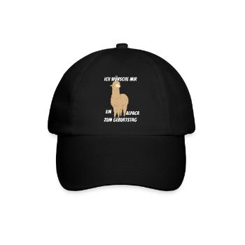 Ich wünsche mir ein Alpaka zum Geburtstag Alpaca - Baseballkappe - Schwarz/Schwarz - Vorne
