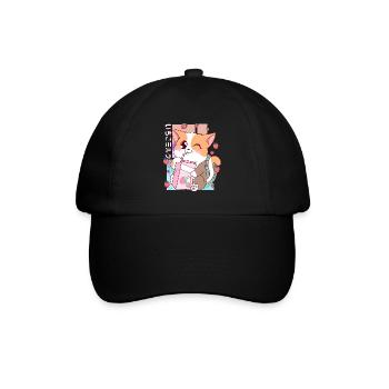 Süße japanische Kawaii Katze Erdbeermilch Shake Nek - Baseballkappe - Schwarz/Schwarz - Vorne