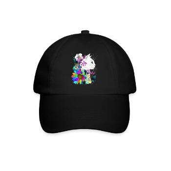 weiße Katze in bunten Fantasie Blumen - Baseballkappe - Schwarz/Schwarz - Vorne