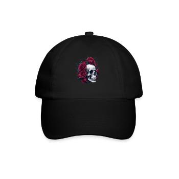 Totenkopf und Rosen Rote Blumen Gothic - Baseballkappe - Schwarz/Schwarz - Vorne