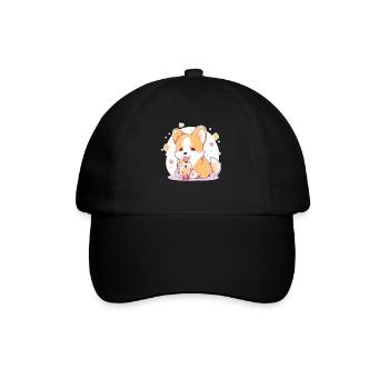 Kawaii Corgi Dog Drinks Boba Bubble Tea Chibi - Baseball Cap - black/black - Front