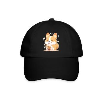Kawaii Corgi Dog Drinks Boba Bubble Tea Chibi - Baseball Cap - black/black - Front