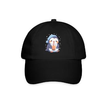 Kawaii Penguin Drinks Boba Bubble Tea Chibi - Baseball Cap - black/black - Front