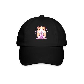Kawaii Hamster trinkt Boba Bubble Tea Chibi - Baseballkappe - Schwarz/Schwarz - Vorne