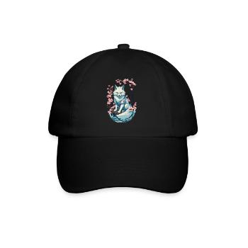 Weißer Kitsune Fuchs Japanische Kirschblüten - Baseballkappe - Schwarz/Schwarz - Vorne