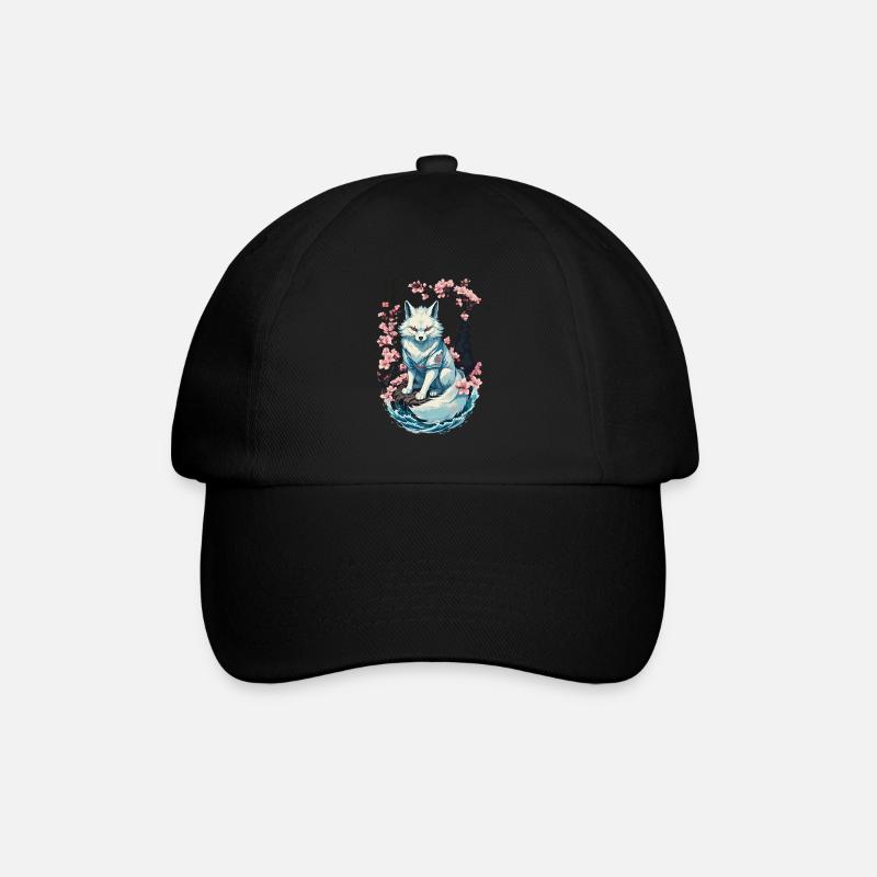 Weißer Kitsune Fuchs Japanische Kirschblüten - Baseballkappe - Schwarz/Schwarz