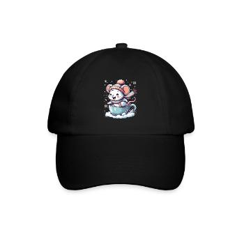 Niedliche Maus in Tasse fährt Schlitten auf Schnee - Baseballkappe - Schwarz/Schwarz - Vorne