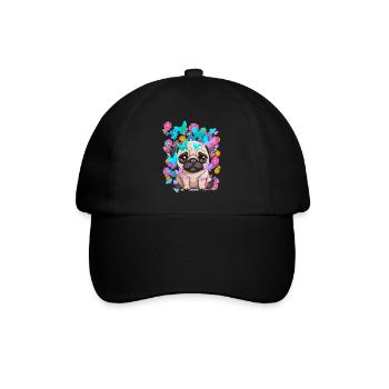 Hund Hunde Mops Frühling Blumen Schmetterlinge - Baseballkappe - Schwarz/Schwarz - Vorne