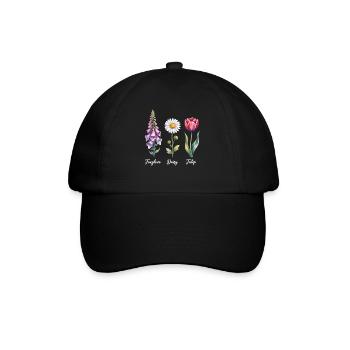 Drei Lieblingsblumen - Foxglove, Daisy, Tulip - Baseballkappe - Schwarz/Schwarz - Vorne