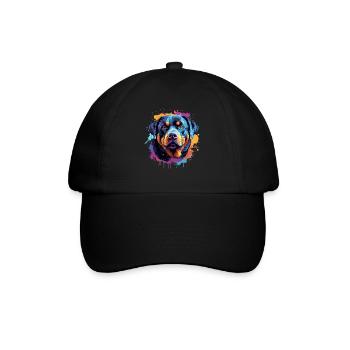 Farbenfrohes Splash-Rottweiler-Porträt - Baseballkappe - Schwarz/Schwarz - Vorne