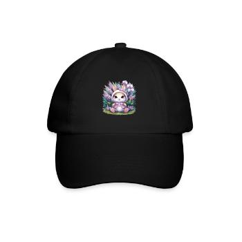 Kawaii Hase mit Orchideen und Flieder - Baseballkappe - Schwarz/Schwarz - Vorne