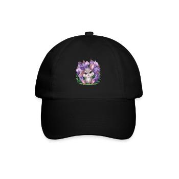 Kawaii Hase mit Orchideen und Flieder - Baseballkappe - Schwarz/Schwarz - Vorne