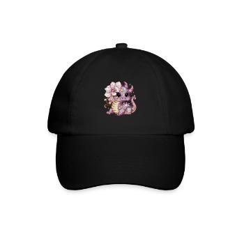 Cartoon Kawaii Dragon with Beautiful Orchids - Baseball Cap - black/black - Front