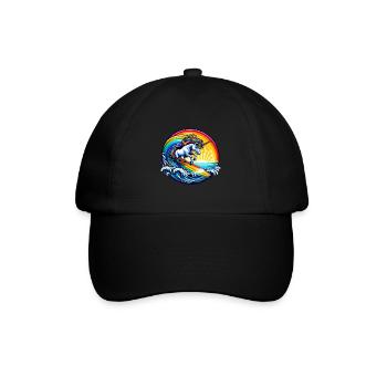 Surfendes Einhorn auf Regenbogenwelle - Baseballkappe - Schwarz/Schwarz - Vorne