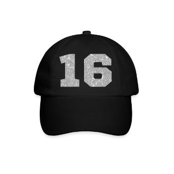 Nummer 16 Silberglitter - 16. Jahrestag - Baseballkappe - Schwarz/Schwarz - Vorne