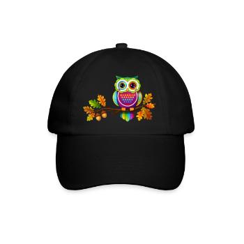 Bunte Eule auf Ast mit Herbstblättern - Baseballkappe - Schwarz/Schwarz - Vorne